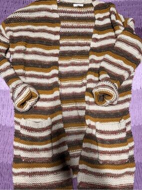 Striped Open Front Knit Cardigan in Cream, Mustard & Brown